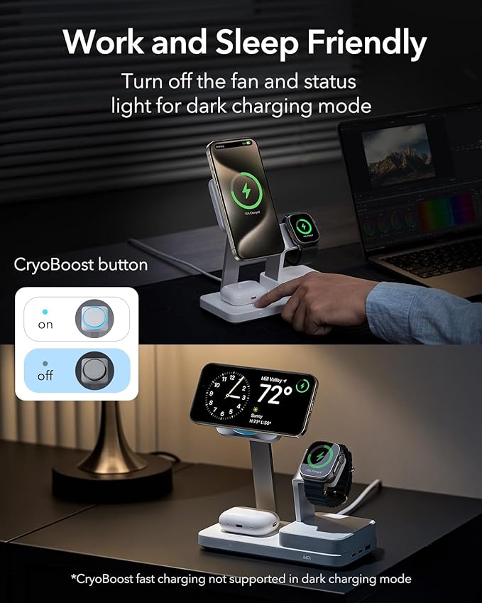 ESR 100W 6-in-1 GaN Charging Station with CryoBoost, Compatible with MagSafe Charger Stand, Magnetic Wireless Charger for iPhone 17/16/15/14/13/12, Apple Watch, AirPods Pro/3/2, Classic White