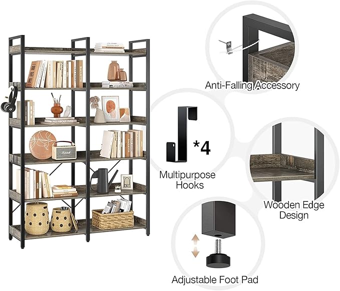 Seventable Bookshelf 6 Tier with 4 Hooks,67”Industrial Wooden Bookcase, Vintage Storage Rack with Open Shelves, Rustic Standing Bookshelves Metal Frame 43.3” Wide Display Rack, Gray