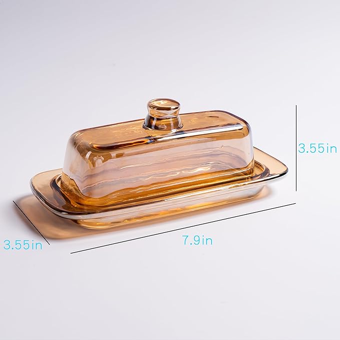 Butter Dish with Lid for Countertop, Elegant Champagne-Colored Covered Glass Butter Holder Tray Container