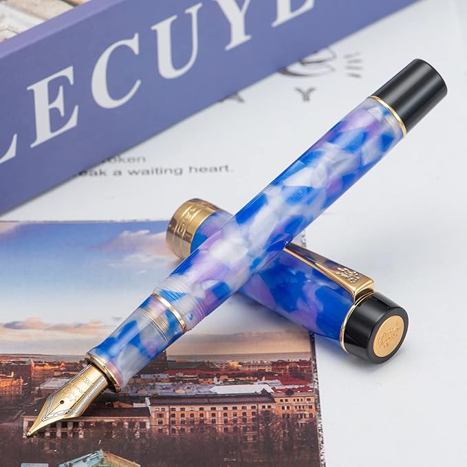 Jinhao 100 Fountain Pen Celluloid Classic Style, #6 Nib Smooth Writing Instrument with Refillable Converter and Pen Case Set