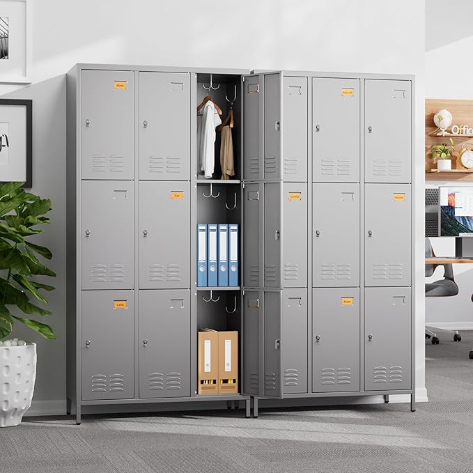 9 Doors Metal Locker with 27 Hooks and Business Card Holder,Metal Lockers for Employees with Ventilation Holes for School Office Gym Garage,Assembly Required,Dark Grey