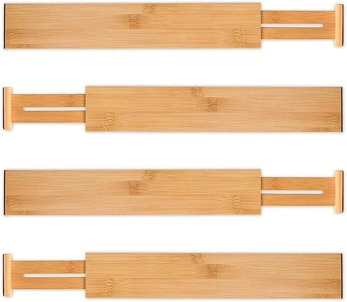 Utoplike 4 pcs Bamboo Kitchen Drawer Dividers Large, Adjustable Drawer Organizers, Spring Loaded, Works in Kitchen, Dresser, Bathroom, Bedroom, Drawer, Desk
