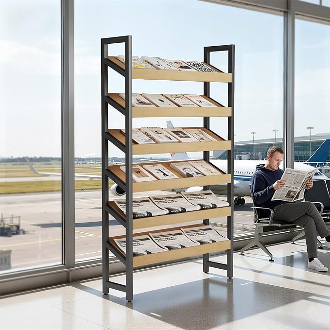 6-Tier Floor Standing Magazine Rack, Modern Literature Display Stand, Heavy Duty Steel Display Shelf with 38° Slant & 2.75" Lip, for Office/Airport/Bookstore/Library, 39"L x 12"W x 71"H (Black)