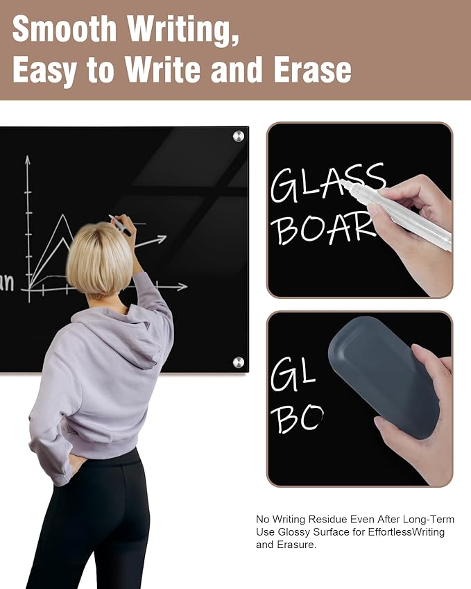 Magnetic Glass Whiteboard,72"x48" Wall Mounted Frameless Dry Erase Board for Office, Home & School Black