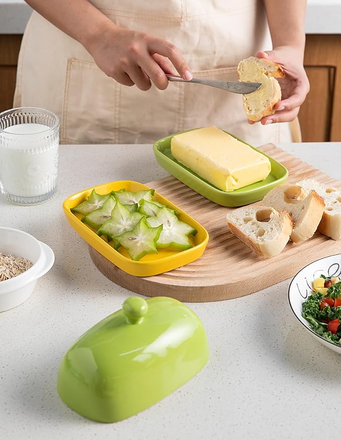 Sweejar Ceramic Butter Dish with Lid for Countertop,Porcelain Butter Keeper with Knob Handle,Butter Container for East/West Coast Butter, 7.1*3.7 inches (Green)