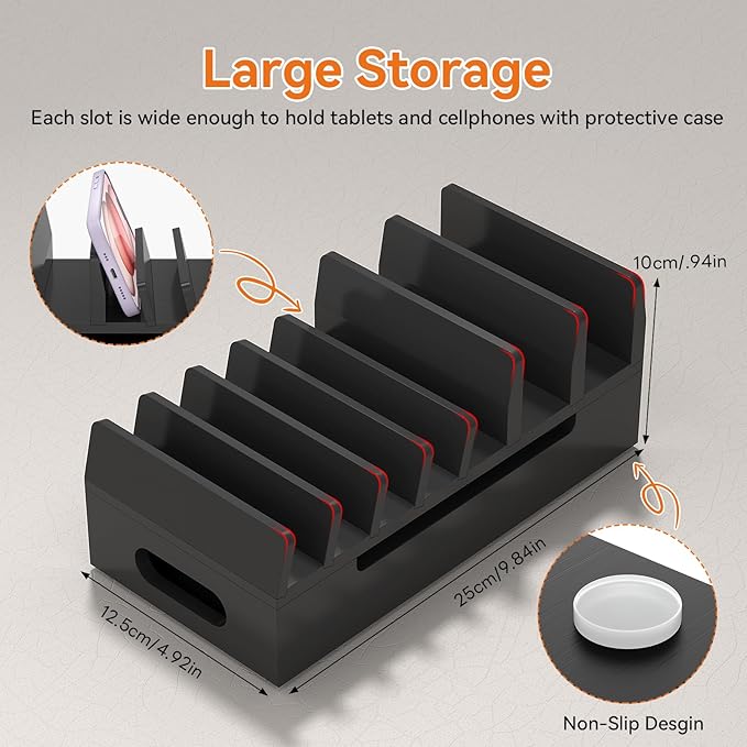 Pezin & Hulin Bamboo Charging Station with Watch Stand, Docking Holder for Multi Device with 5 Charge Cables, Desktop Dock Stations Electronic Organizer for Cellphone, Tablet, Watch-Black