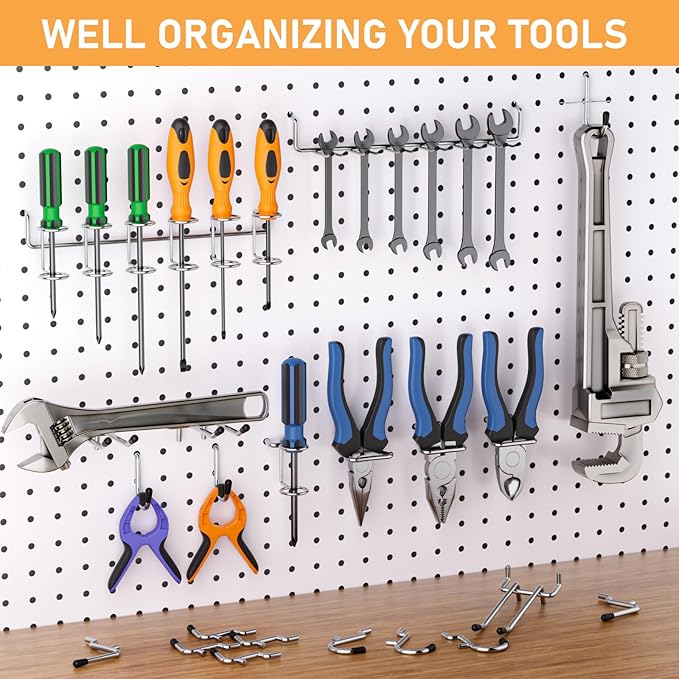 INCLY 176PCS Extra Thick Pegboard Hooks, 1/4" Heavy Duty Metal Peg Board Hooks Assortment with Peg Locks Pegboard Accessories Kit for Garage Wall Organizer Hanging Tools