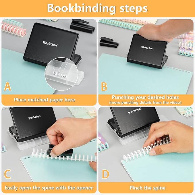 Binding Machine for Planner: WORKLION Metal 10 Hole Punch&Multi Color 30 Hole Loose Leaf Binder Rings(10 pcs) for Making 26 Holes on B5 Paper, 30 Holes on A4, 20 Holes on A5 Book, Black
