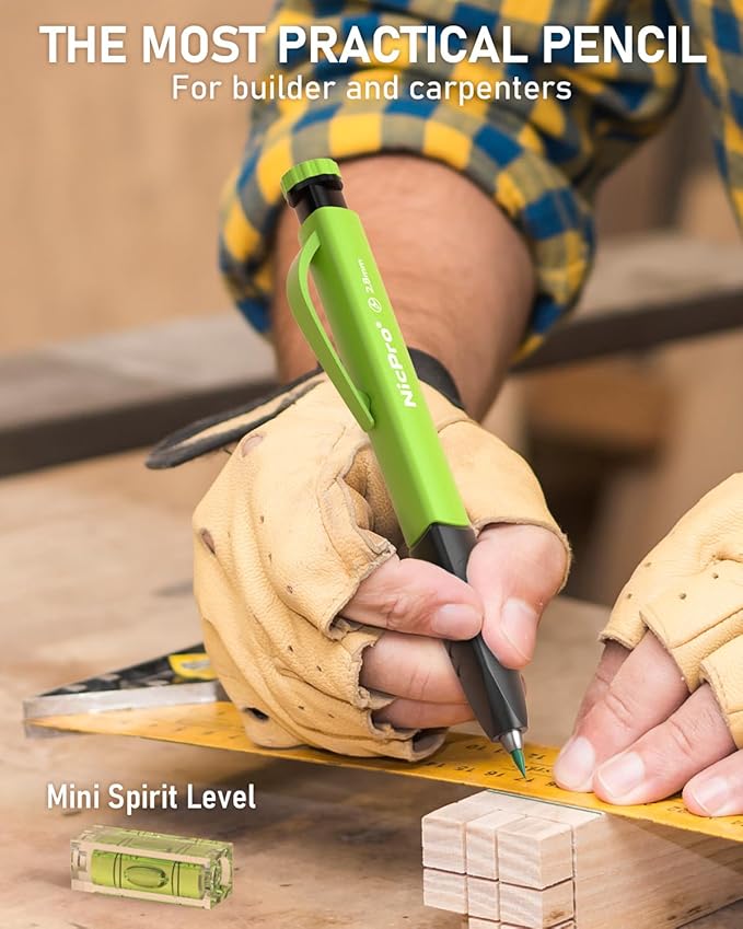 Nicpro 6 Pack Upgraded 3-IN-1 Carpenter Pencil Set with Finger Grip, Construction Pencils with 54 Refill & Mini Spirit Level, Deep Hole Carpenter Tool, Mechanical Carpenter Pencil for Woodworking