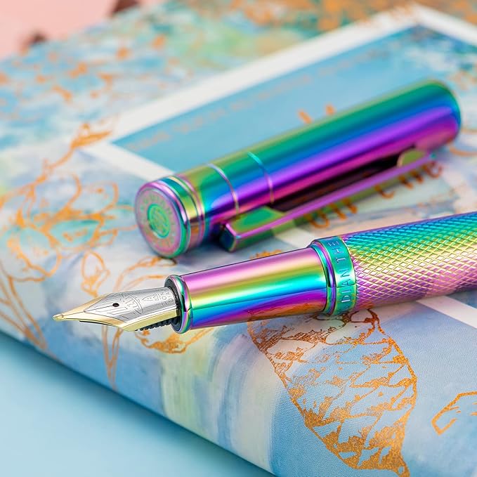 Hongdian Rainbow Forest Fountain Pen Blade Nib Classic Design Calligraphy Pen with Converter and Metal Pen Case Set