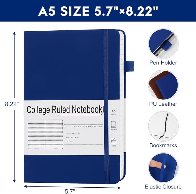 A5 Lined Journal Notebooks for Work, 192 Pages, Medium 5.7 x 8.3inch, College Ruled, Vegan Leather Hardcover Journals for Women Men,1 Pack