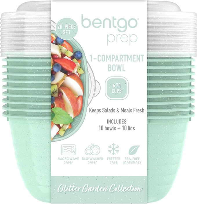 Bentgo Prep - 1-Compartment Bowls with Custom Fit Lids - Reusable, Microwaveable, Durable, PFAS & BPA-Free, Freezer and Dishwasher Safe Meal Prep Food Storage - 10 Bowls & 10 Lids (Sage Leaf Glitter)