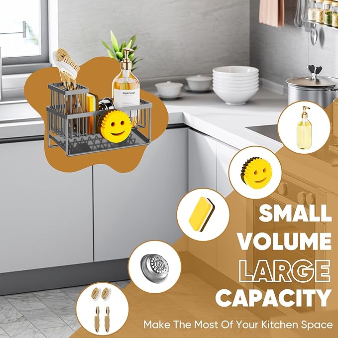 Sponge Holder for Kitchen Sink,Smiley Face Sink Caddy with Removable Brush Holder,Self-Draining Sponge Caddy for Soap,Dish Brush,Scrubber,Kitchen Essentials and Gadgets-Charcoal Gray
