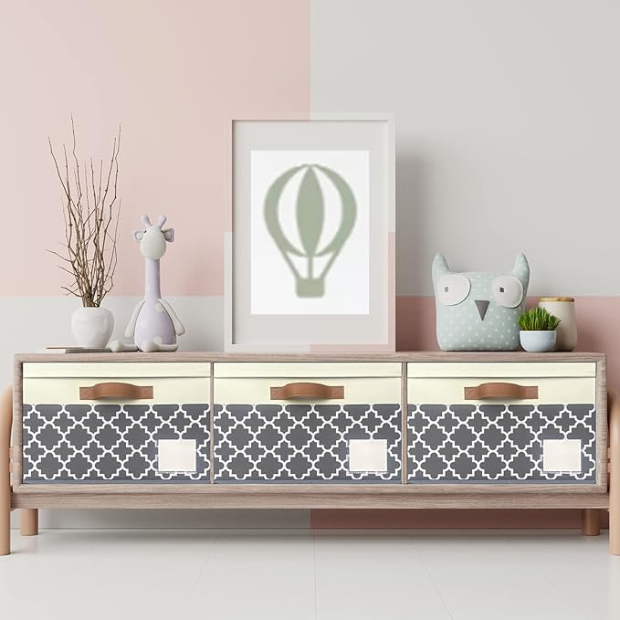 GhvyenntteS Large Fabric Storage Bins with Lids (3 Pack), Foldable Decorative Storage Boxes with Lids and 3 Handles, Sturdy Storage Baskets with Label Window for Home Office (White&Lattice Grey)