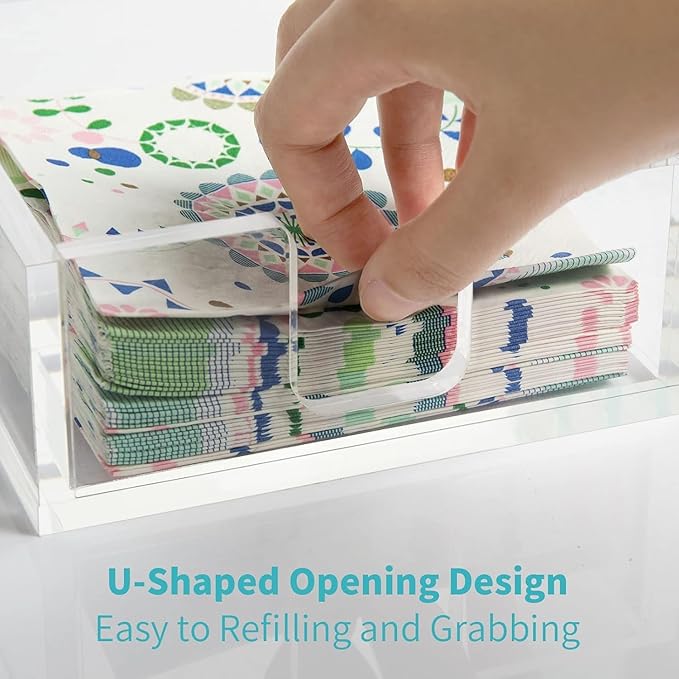 HIIMIEI Acrylic Napkin Holder for Table: Square Cocktail Napkin Dispenser, Flat Guest Towel Holder Tray, Disposable Hand Towel for Bathroom, Kitchen, Bar, Dinner, Party(Clear)