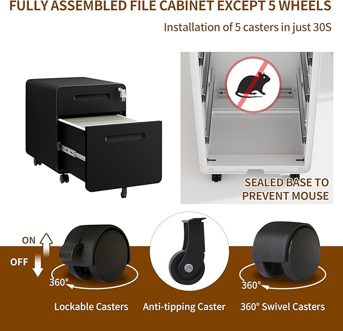 2 Drawer File Cabinet with Lock and 4 Keys, Mobile Metal Filing Cabinet, File Cabinets for Home Office, Under Desk, Pre-Assembly, File Drawer, Letter/Legal/A4 Hanging File Folders