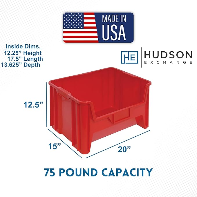 Hudson Exchange 20" x 15" x 12.5" (1 Pack) Plastic Giant Stackable Hopper Bin Container, Red