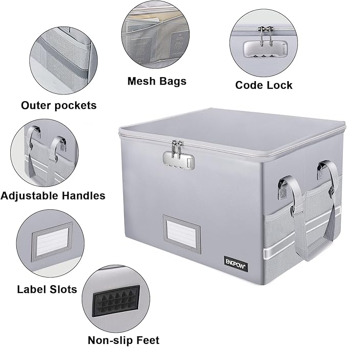 ENGPOW File Box with Lock, Fireproof Document Box with Zipper&Pockets, Collapsible File Organizer Filing Storage Cabinet with Handle, Portable Home Office Safe for Hanging Letter/Legal Folder,Silver