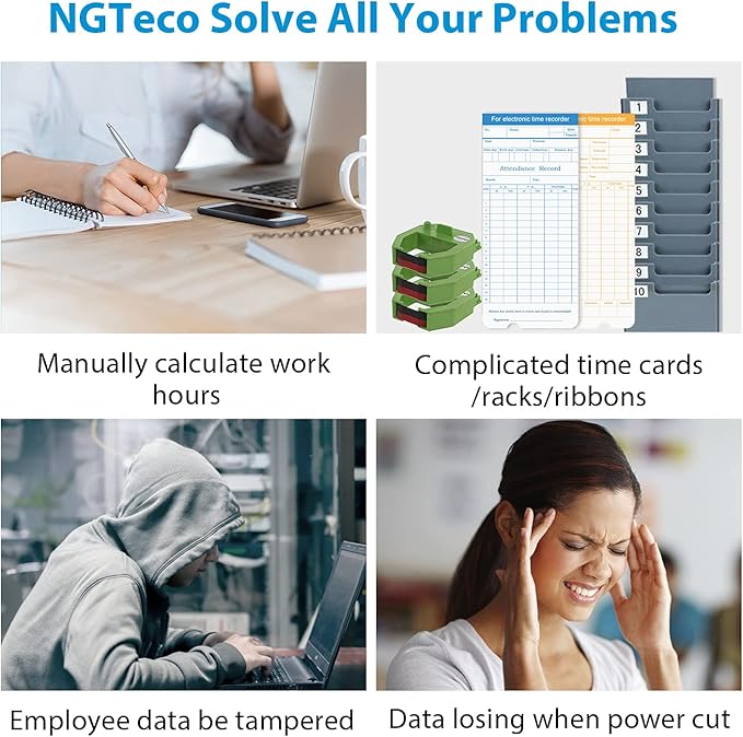 NGTeco Time Clocks for Employees Small Business, W3 2.4GHz WiFi Biometric Fingerprint Time Card Machine, Office Punch Clock Automatic in and Out with iOS/Android App No Monthly Fees