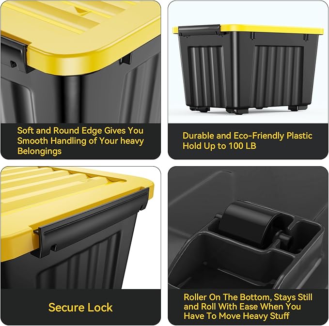 Nazhura 97 Quart Plastic Storage Bin, Stackable and Nestable Storage Boxes with Yellow Lids and Secure Latching Buckles, Large Storage Container (Black/Yellow, 97Quart-6Pack)