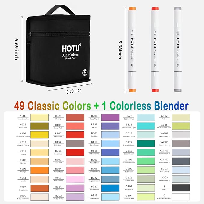Alcohol Markers Brush and Fine Tip 50 Colors Dual Tips Art Marker Set Alcohol-based Sketch Pens with Carrying Case,Non-Bleeding Pad for Art Enthusiast Adults Coloring Illustration