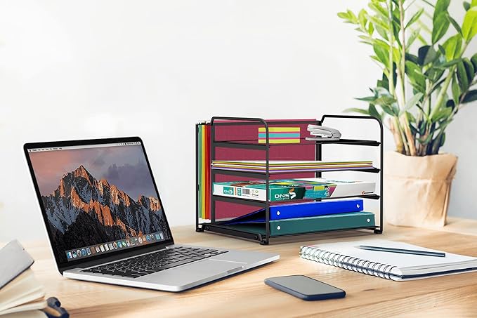 CAXXA 4 Tier Mesh Document Trays with Vertical Upright Section for Hanging File Holders, Mesh Office Supplies Desk Organizer, Black