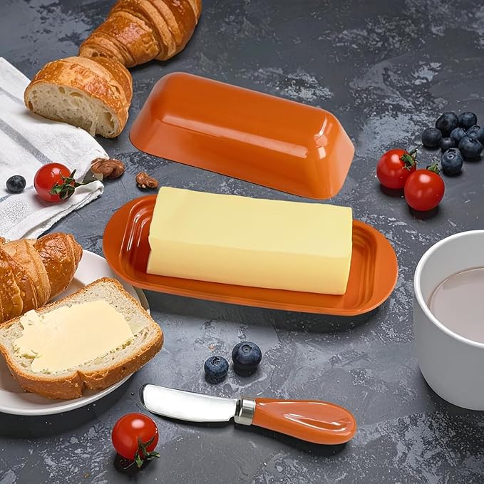 Butter Dish with Lid and Knife, Durable Countertop & Fridge Butter Keeper, BPA-Free Melamine Butter Container, Dishwasher Safe, Fits East/West Coast Butter Sticks (Pumpkin Orange)