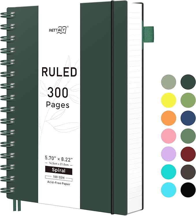 RETTACY Spiral College Ruled Notebook, 300 Pages, A5 Medium Size (5.7" x 8.2"), for School, Work, Writing, Journaling, 100 GSM Thick Paper, Flexible Plastic Cover (Deep Green)