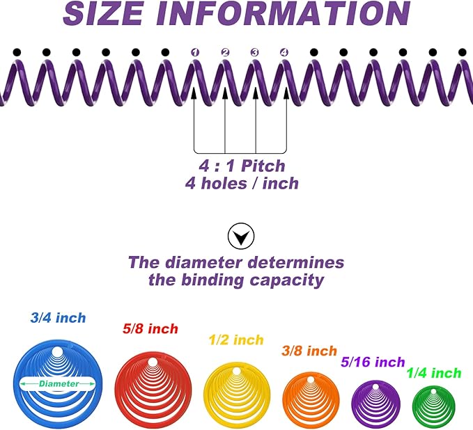 Leinuosen 120 Pack Plastic Spiral Binding Coils Kit Spirals Multi Size Coils for Binding Binder Combs Spines(1/4 5/16 3/8 1/2 5/8 3/4 Inch,Multicolor)