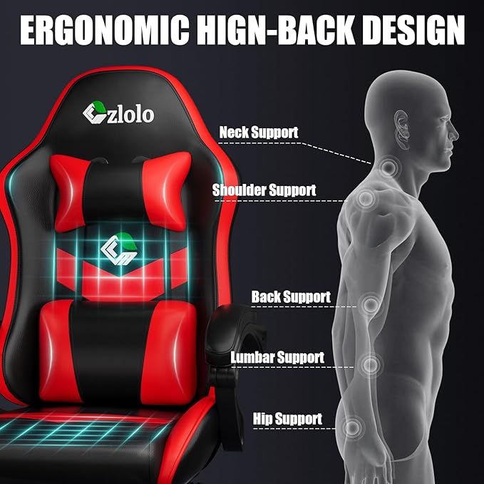 Gaming Chair, Ergonomic Office Computer Chair with Footrest and Lumbar Support Massager Racing Style High Back Video Gamer Chair, Wide&Thick Cushion, 90°-135° Recline, Adjustable Height, Red