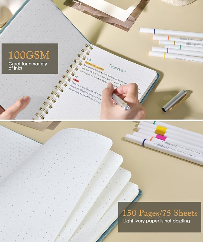 Dotted Spiral Journal Notebook, A5 Hardcover Spiral Journals for Women Men, 100 GSM Dot Grid Paper Notebooks, 150 Pages Spiral Bullet Dotted Notebook for Writing Note Taking 5.75" x 8.38", Misty Blue