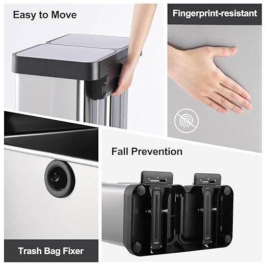 Kitchen Trash Can, 2 x 7.93 Gal (2 x 30L) Dual Trash Can with Recycle Bin, Stainless Steel Garbage Can, Fingerprint-Resistant Soft-Close Dual Recycling Bins for Kitchen