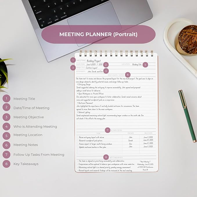 | Meeting Notebook for Work | 8.25" x 11.75" | Project Planner | Simple Design | Multiple Layouts | Office and Business Planner (Black, Meeting Planner - Portrait)