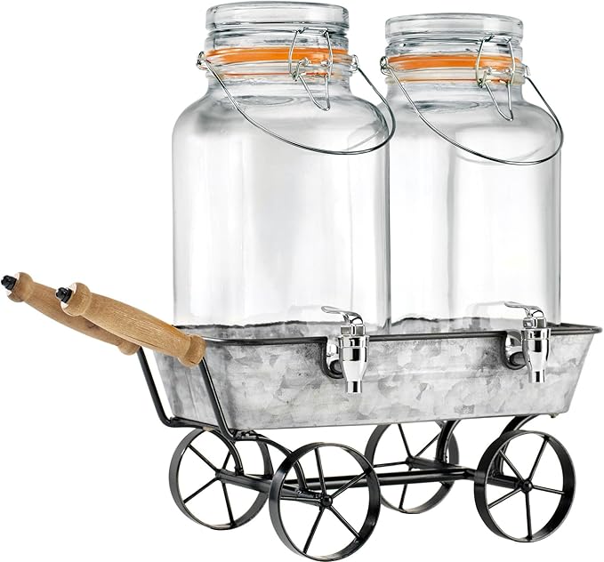 Vintage Wagon Glass Beverage Dispenser with Metal Stand, 2-Pack Drink Dispensers with Wooden Handles, Galvanized Ice Bucket Base for Parties 1 Gallon
