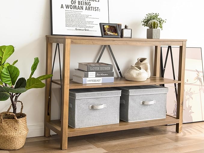 StorageWorks Fabric Storage Bins with Lid, Decorative Storage Boxes for Shelves, Stackable Closet Organizer Basket with Handles, Large, Gray, 2-Pack