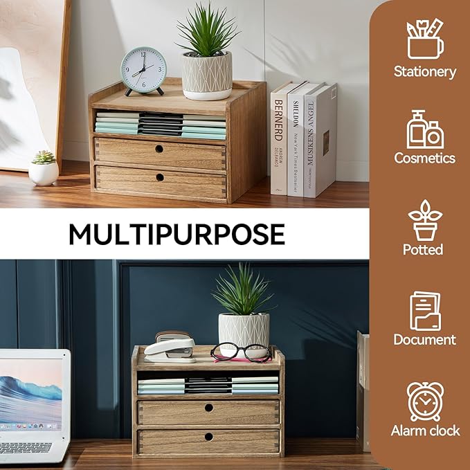 KIRIGEN Desktop Organizer Cabinet With 2 Drawers & Tray - Wood Office Desk Storage Shelf for Office Supplies - Small Cabinet for Countertop Accessories Storage 3 Layer Dark Brown(DT3D2C-DBR)