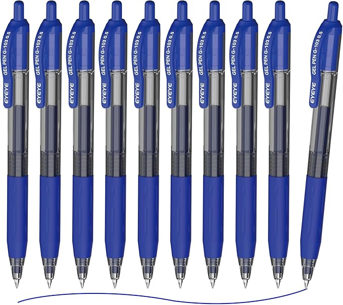 EYEYE G-103 Retractable 0.5mm Gel Pens, 10 Pack Extra Fine Point Blue Ink Pens Quick Dry, Ballpoint Pen Fine Point Smooth Writing Pens for Office School Supplies