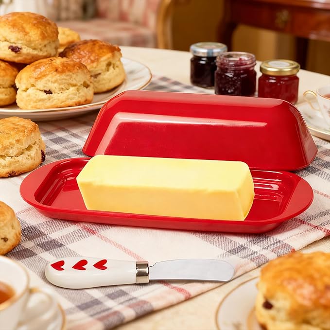 Butter Dish with Lid and Knife, Durable Countertop & Fridge Butter Keeper, Melamine Butter Container Holiday Kitchen Gift, Heart Design – Red