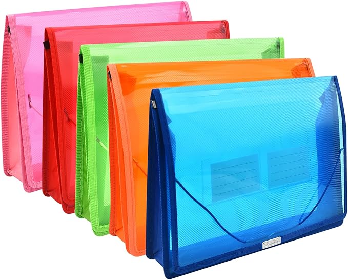 Expanding File Folder Document Organizer r with Flap and Cord Closure, Waterproof Transparent Document Bag, 2.8" Expansion, Letter A4 Expandable File Folder for Home School Office Organization,5 Pack