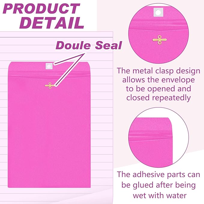 Geyee 100 Pcs Clasp Manilla Envelopes 10 x 13 Inch Gummed Colored Envelopes for Storing or Mailing for Home Office Business Supplies(Rose Pink)