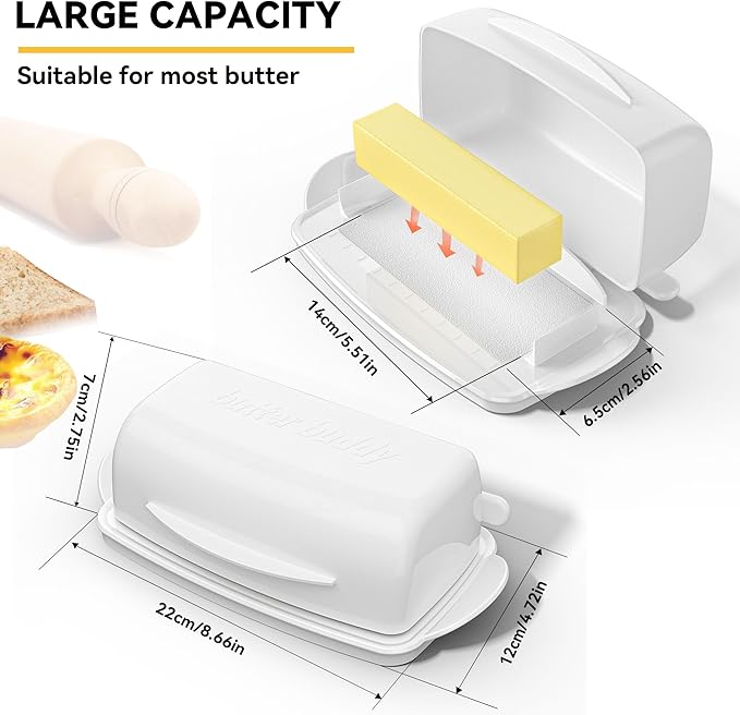 Butter Dishes with Lid for Countertop Refrigerator, Plastic Butter Dish Flip Top Lid Butter Container with Spreader, Non-Slip Bottom Butter Holder Keeper (White)