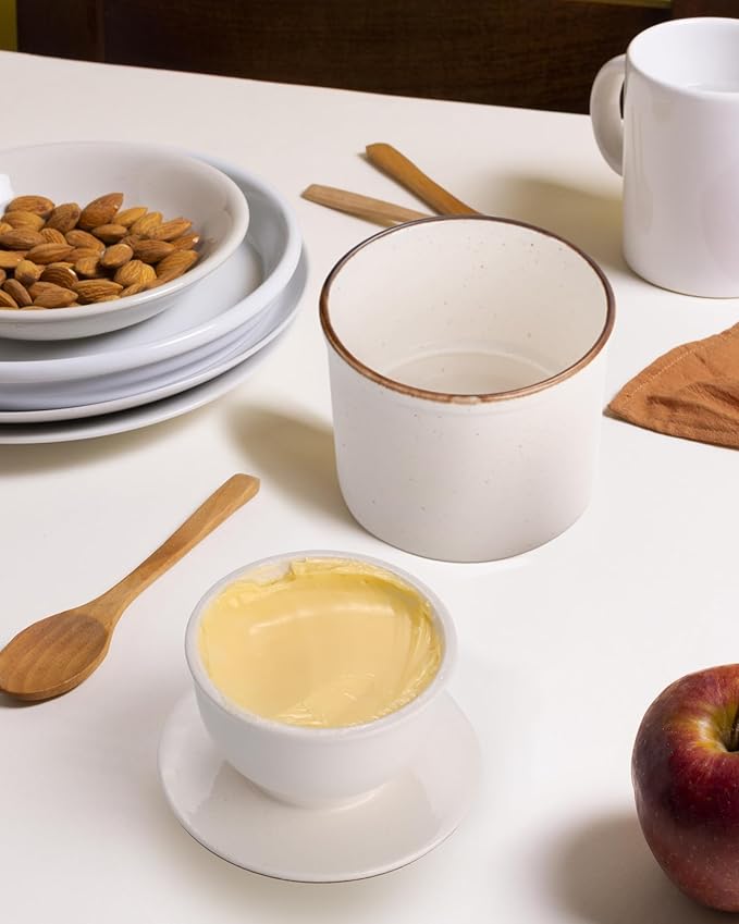 French Butter Dish, Butter Crock for Counter with Water Line, Ceramic Butter Keeper for Spreadable Butter - Chrismas Gift Home Kitchen Decor - Reactive Glaze Collection - White
