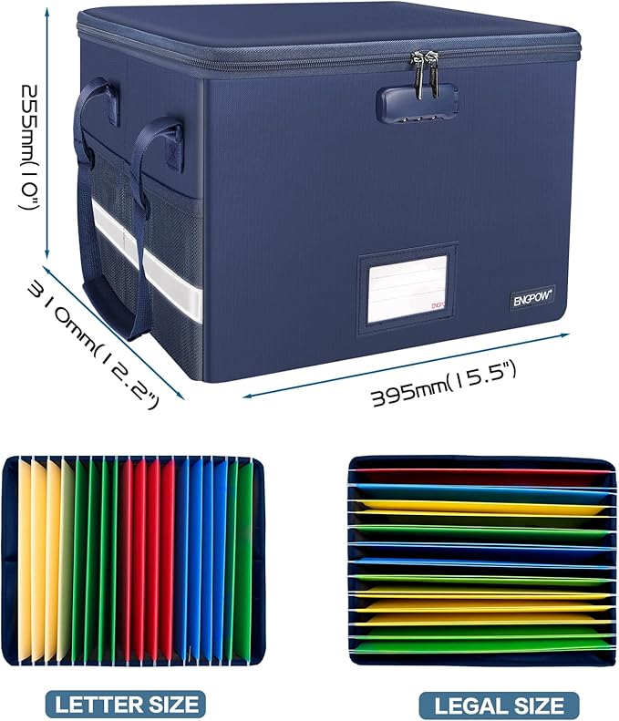 ENGPOW File Box with Lock, Fireproof Document Box with Zipper&Pockets, Collapsible File Organizer Filing Storage Cabinet with Handle, Portable Home Office Safe for Hanging Letter/Legal Folder, Blue
