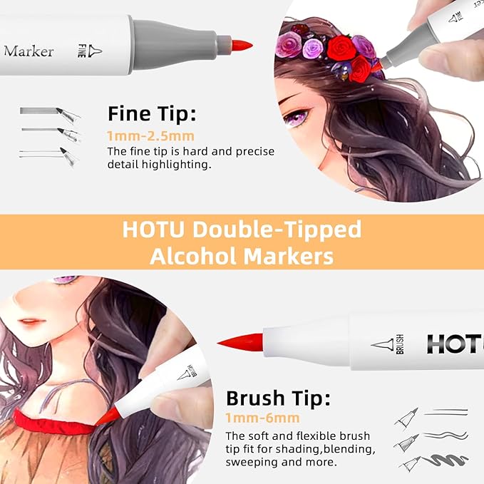 Alcohol Markers Brush and Fine Tip 50 Colors Dual Tips Art Marker Set Alcohol-based Sketch Pens with Carrying Case,Non-Bleeding Pad for Art Enthusiast Adults Coloring Illustration