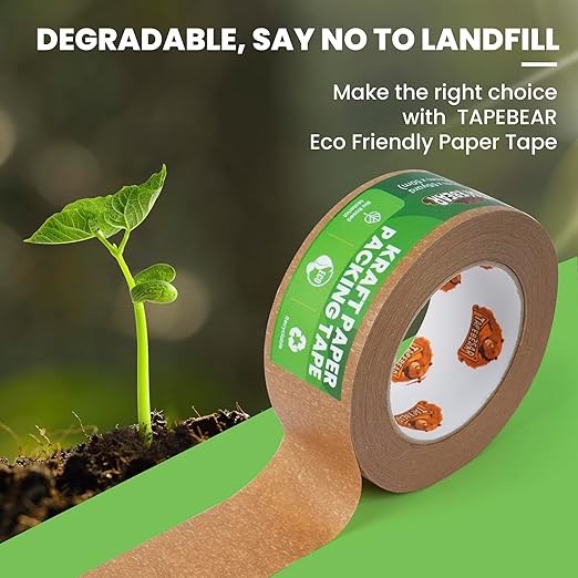 Eco-Friendly Kraft Paper Tape, Biodegradable Heavy Duty Packing Tape 2Inch x 55Yard, Recyclable Packaging Tape Self Adhesive Box Tape for Shipping, Sealing, Moving & Masking, 6Rolls