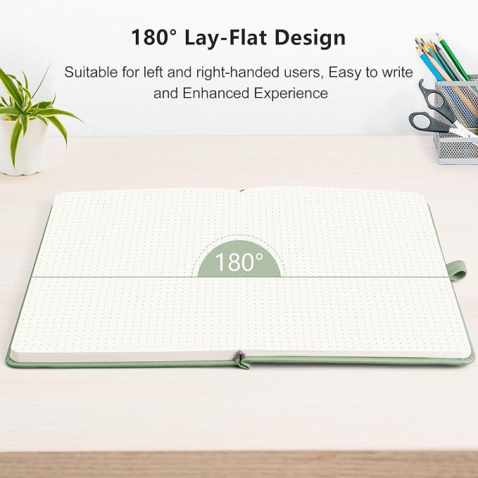 RETTACY Bullet Dotted Journal Notebook, 2-Pack, 160 Numbered Pages per Pack, A5 Medium Size (5.7'' x 8.3''), 120 GSM Thick Paper, Leather Hardcover, for Bullet Journaling (Black & Light Green)