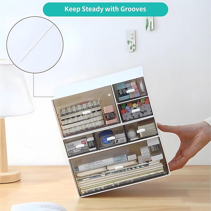 Desk Craft Organizer and Storage with 4 Mixed Drawers, Stackable Plastic Desktop Accessories & Workspace Organizer for Office Stationary, Makeup Skincare, Sanitation Supplies, Blue