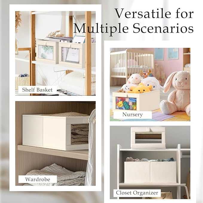 Criusia 6 Pack Linen Closet Organizers and Storage, Large Linen Closet Baskets for Organization, Foldable Storage Containers for Clothing, Towels, Toys, Jeans, Books, Shelves, Beige