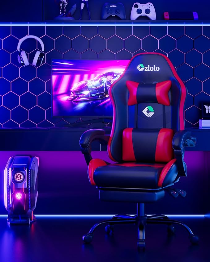 Gaming Chair, Ergonomic Office Computer Chair with Footrest and Lumbar Support Massager Racing Style High Back Video Gamer Chair, Wide&Thick Cushion, 90°-135° Recline, Adjustable Height, Red