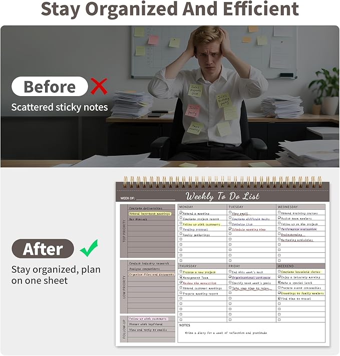 Weekly To Do List Notepad, 52 Undated Sheets (8.5"×11") Duplex-printed Weekly Planner Notepad For Work Home School Office Desk Accessories Supplies & Goal Setting Tasks - Brown